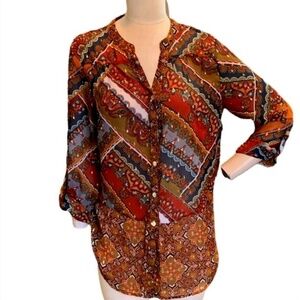 Figueroa & Flower Sheer BOHO Button Front Tunic Blouse Sz L Gold Accents #256L